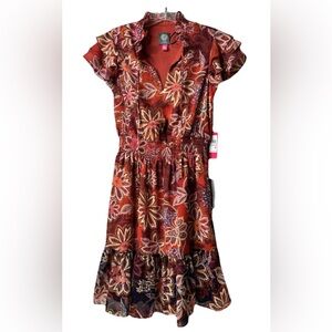 Vince Camuto Dress Women's Size 0 Flutter Sleeve Smocked Waist Floral Ruffle New